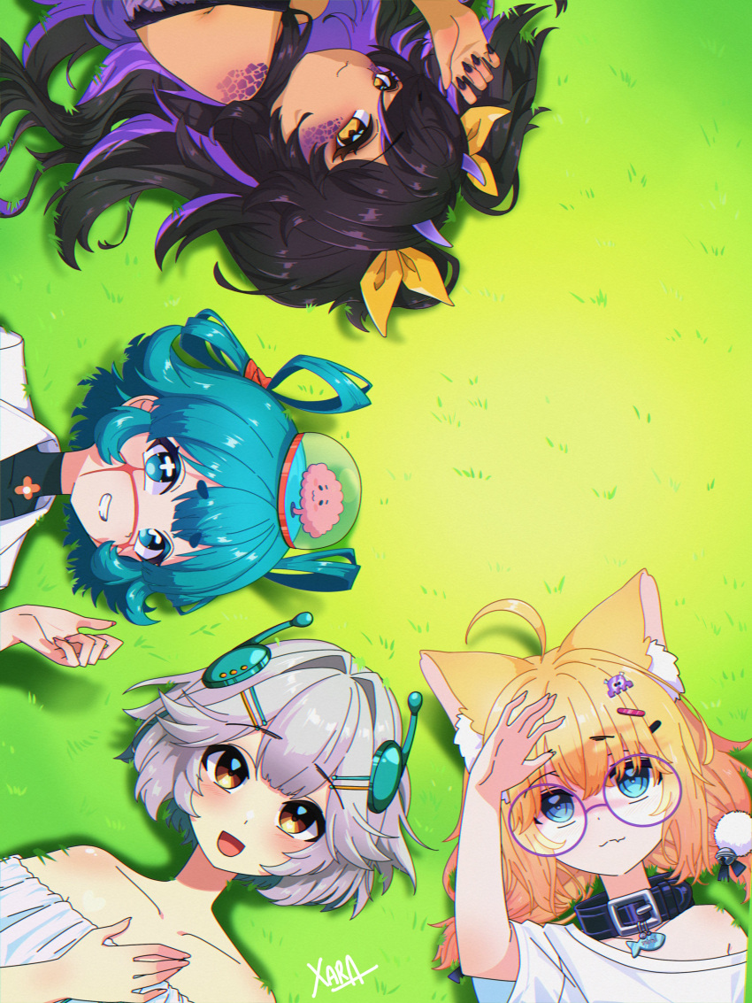 4girls, absurdres, ahoge, animal_ear_fluff, animal_ears, antennae, bare_shoulders, black_collar