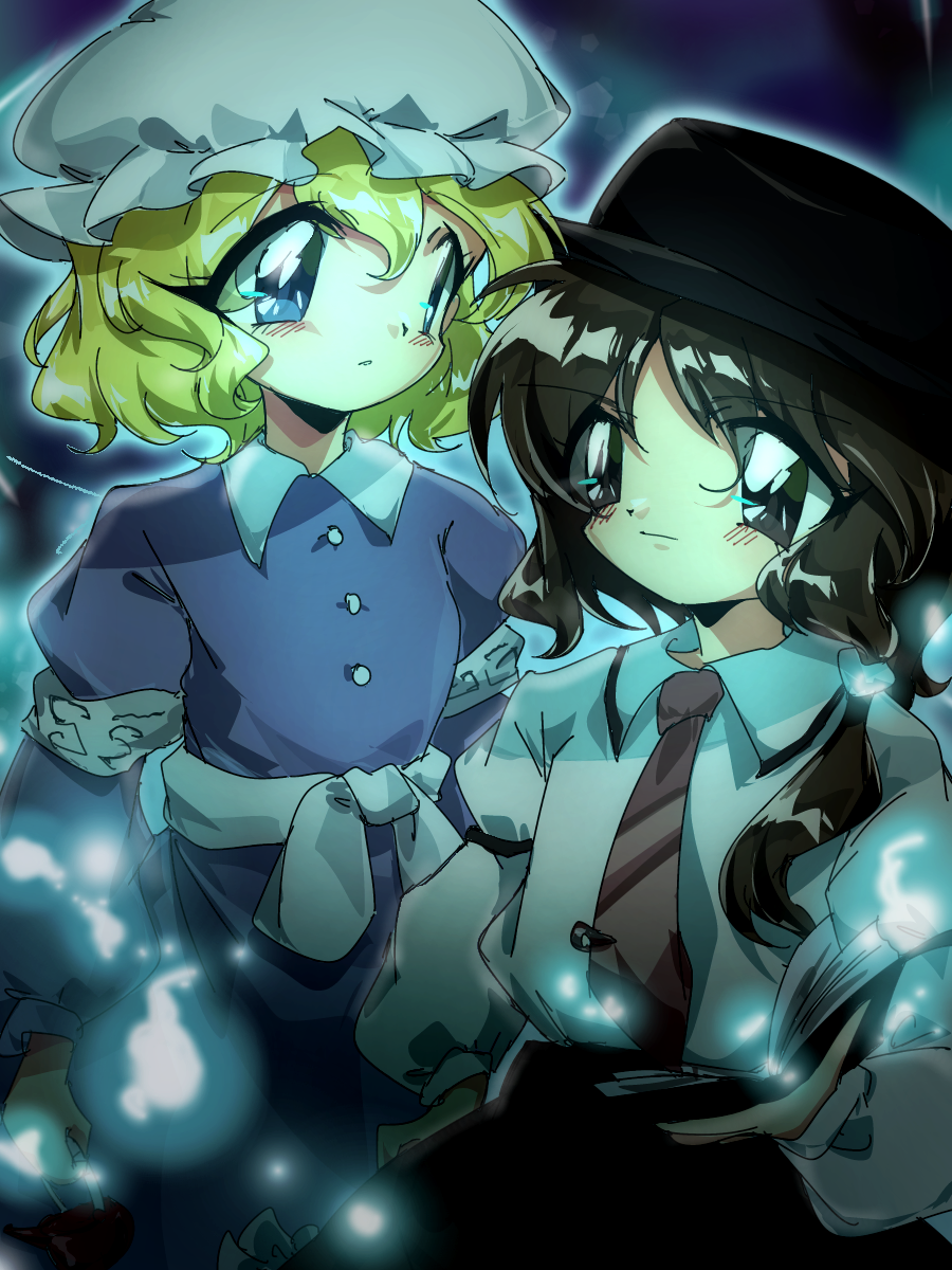 2girls, :|, asymmetrical_sidelocks, black_hat, black_skirt, blue_eyes, book, brown_eyes