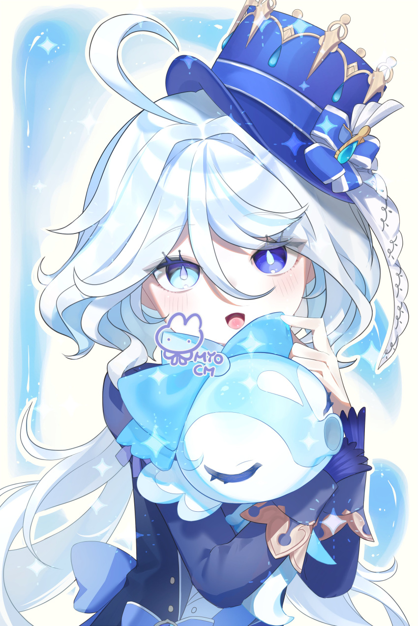 1girl, :d, absurdres, ahoge, beaded_eyelashes, blue_eyes, blue_gem, blue_hair