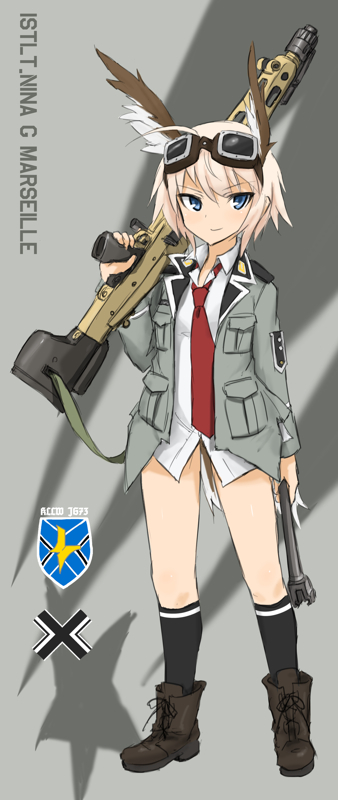 blue_eyes, boots, commentary, commentary_request, goggles, gun, head_wings, machine_gun