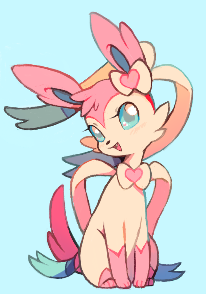 all_fours, blue_background, blue_eyes, blush, extyrannomon, head_tilt, looking_at_viewer, open_mouth