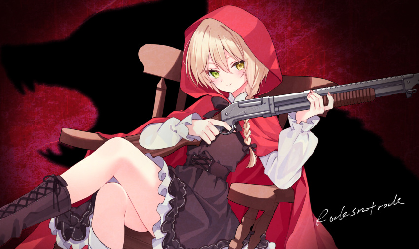 1girl, blonde_hair, boots, braid, brown_boots, brown_dress, cape, chair