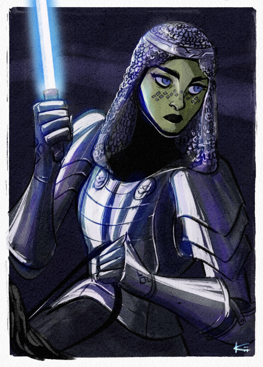 1girl, alien, alternate_costume, armor, arvala_7, barriss_offee, blue_eyes, blue_lightsaber