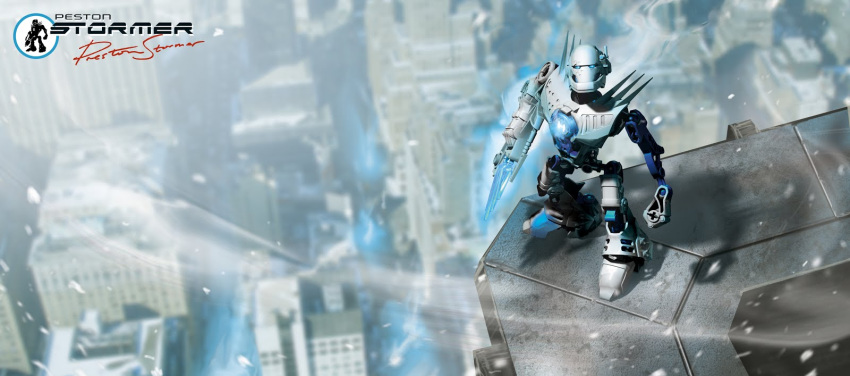 1boy, armor, blue_eyes, christian_faber, city, concept_art, english_commentary, english_text