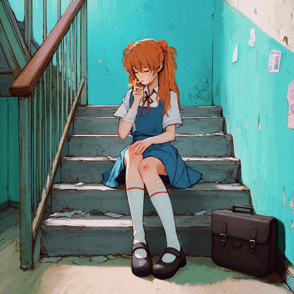 1girl, bag, bandaged_arm, bandages, bandaid, black_shoes, blue_skirt, cigarette, closed_eyes, hair_ornament, hand_on_own_knee, holding, holding_cigarette, long_hair, neck_ribbon, neon_genesis_evangelion, orange_hair, red_ribbon, ribbon, sashagaier, school_uniform, shirt, shoes, short_sleeves, sitting, sitting_on_stairs, skirt, smoking, socks, solo, souryuu_asuka_langley, stairs, tokyo-3_middle_school_uniform, two_side_up, white_shirt, white_socks