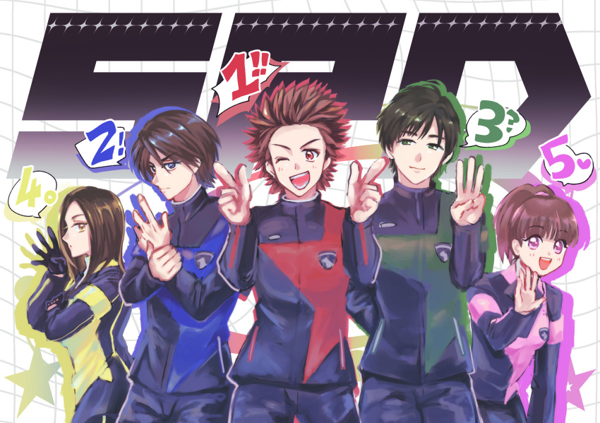2girls, 3boys, :d, ;d, akaza_banban, animification, badge, black_gloves, black_hair, black_jacket, black_pants, black_skirt, blue_eyes, blue_jacket, brown_hair, closed_mouth, collared_jacket, commentary, cowboy_shot, dondon_maru, dot_mouth, double_finger_gun, drop_shadow, enari_senichi, finger_counting, finger_gun, gloves, green_eyes, green_jacket, grid_background, hair_between_eyes, hair_tie, half-closed_eyes, hand_on_own_arm, hands_up, high_ponytail, highres, jacket, kodou_koume, lapels, leaning_forward, light_blush, long_hair, long_sleeves, looking_at_viewer, multicolored_jacket, multiple_boys, multiple_girls, one_eye_closed, open_mouth, pants, pink_eyes, pink_jacket, police, police_uniform, policeman, policewoman, ponytail, red_eyes, red_jacket, reimon_marika, s.p.d._uniform, serious, shirt, short_hair, side-by-side, skirt, smile, speech_bubble, spiky_hair, spoken_number, standing, star_(symbol), super_sentai, swept_bangs, teeth, tokusatsu, tokusou_sentai_dekaranger, tomasu_houji, turtleneck, turtleneck_shirt, two-tone_jacket, upper_teeth_only, v-shaped_eyebrows, white_background, white_shirt, yellow_eyes, yellow_jacket