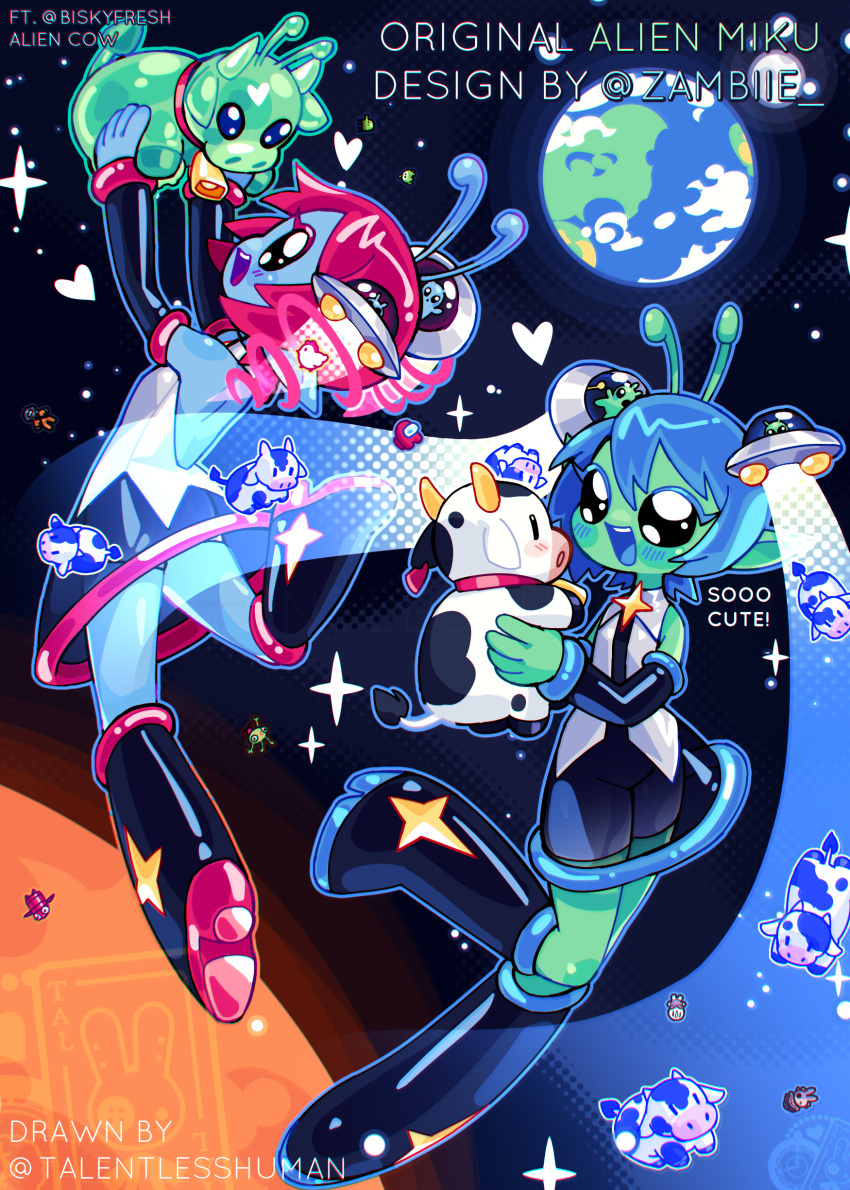 abduction, absurdres, alien, alien_miku_(zambiie), alternate_species, antennae, blue_hair, brooch