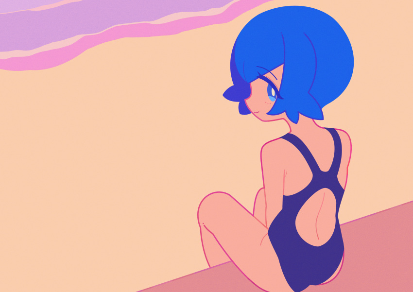 1girl, absurdres, back, backless_outfit, beach, blue_eyes, blue_hair, blue_one-piece_swimsuit, bright_pupils, child, commentary, english_commentary, flat_color, highres, lana_(pokemon), looking_at_viewer, looking_back, no_sclera, no_shadow, noxtwice, one-piece_swimsuit, pokemon, pokemon_sun_and_moon, racerback, sand, short_hair, sitting, smile, solo, swimsuit, tareme, warm_colored, white_pupils