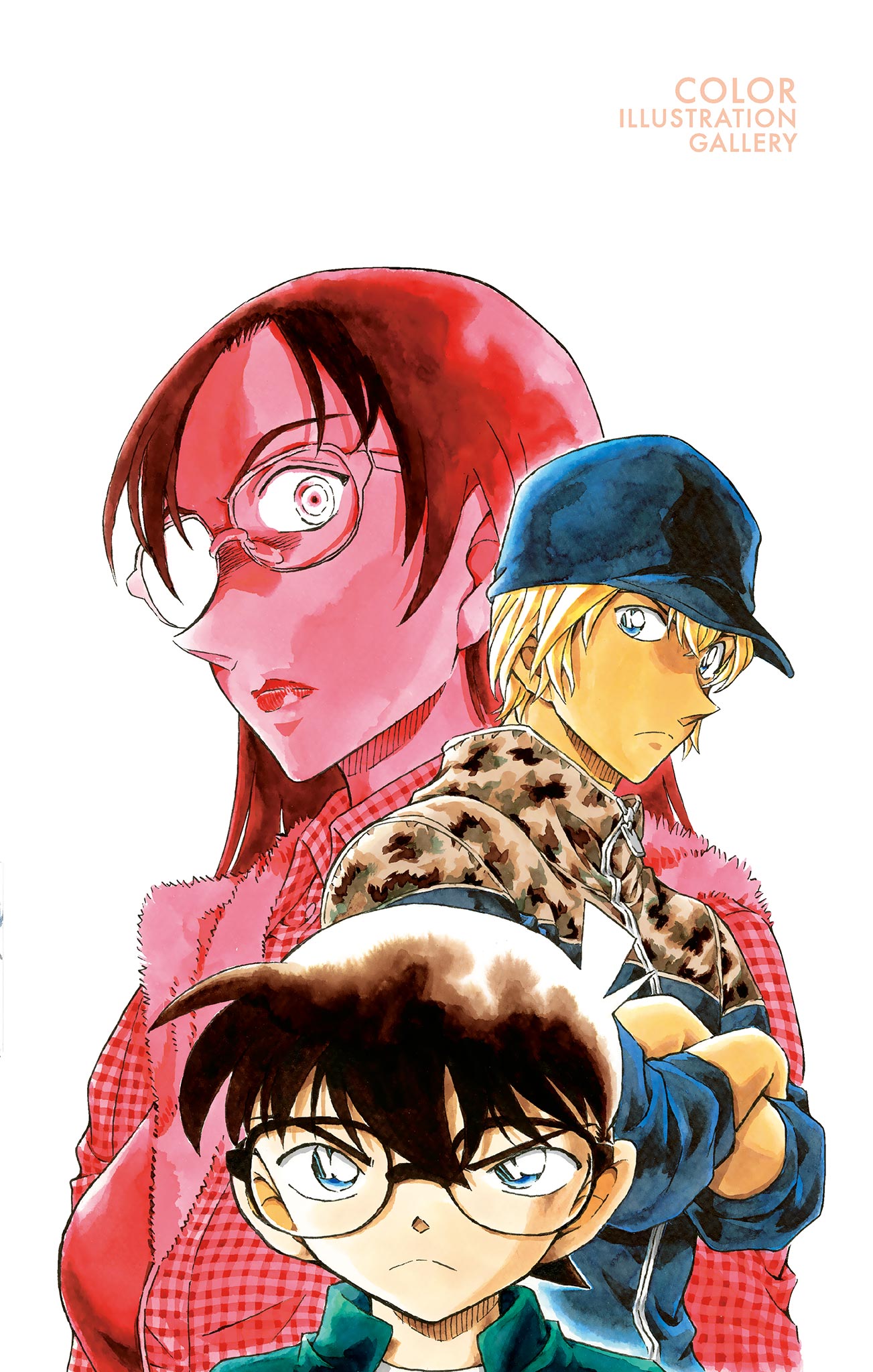 1girl, 2boys, amuro_tooru, aoyama_goushou, baseball_cap, black-framed_eyewear, black_hair, black_hat