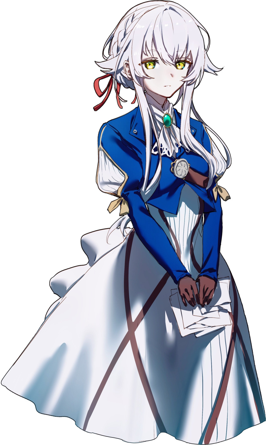 1girl, absurdres, altina_orion, arm_cutout, ascot, blue_jacket, braid, braided_bun, brooch, brown_gloves, clothing_cutout, cosplay, cropped_jacket, crossed_bangs, double-parted_bangs, dress, eiyuu_densetsu, gloves, green_eyes, hair_between_eyes, hair_bun, hair_intakes, hair_ribbon, highres, holding, holding_paper, jacket, jewelry, kai_no_kiseki, kuro_no_kiseki_(series), long_sidelocks, long_sleeves, looking_at_viewer, madou_zakura, paper, puffy_long_sleeves, puffy_sleeves, red_ribbon, ribbon, short_hair, sidelocks, simple_background, upper_body, violet_evergarden, violet_evergarden_(cosplay), violet_evergarden_(series), white_ascot, white_background, white_dress