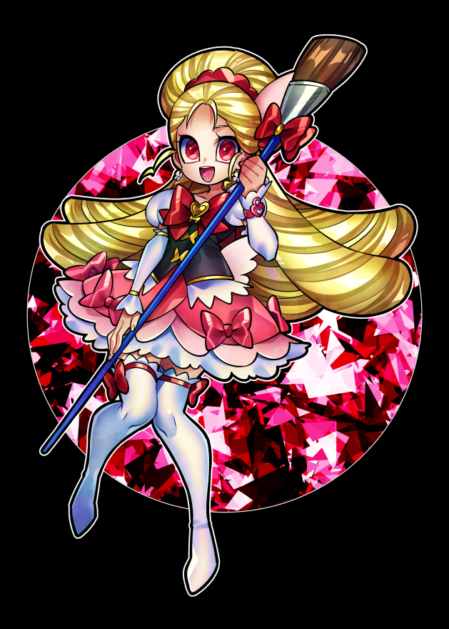 1girl, black_background, blonde_hair, bow, commentary_request, cure_art, english_commentary, footwear_bow