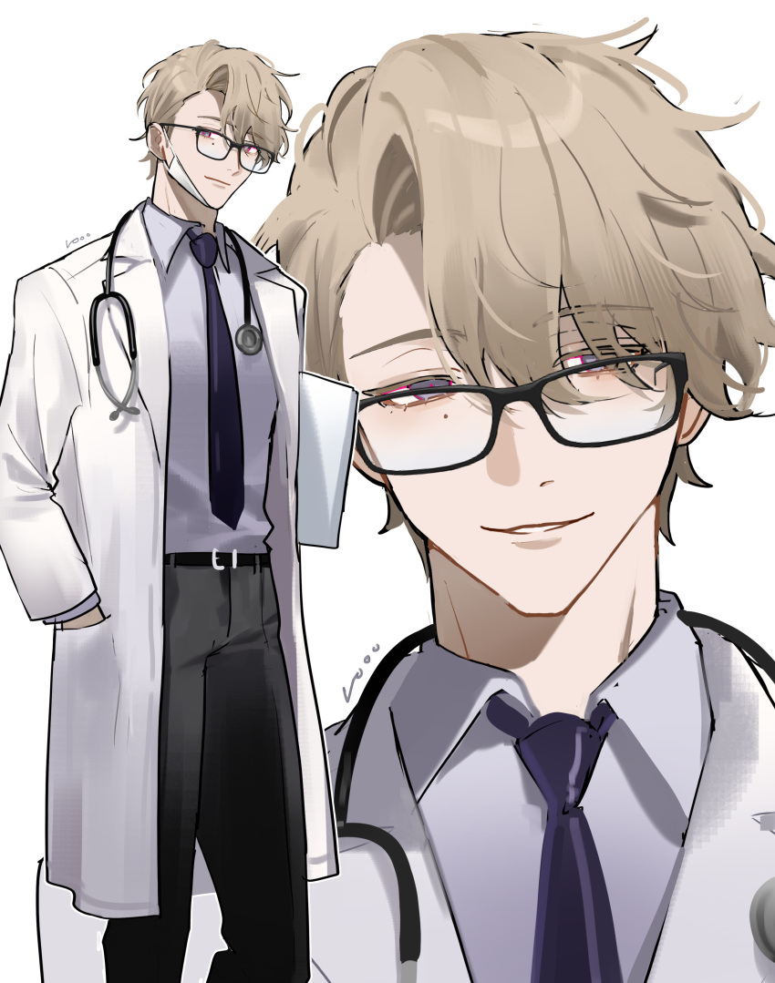 1boy, absurdres, belt, belt_buckle, black-framed_eyewear, black_belt, black_pants, blonde_hair
