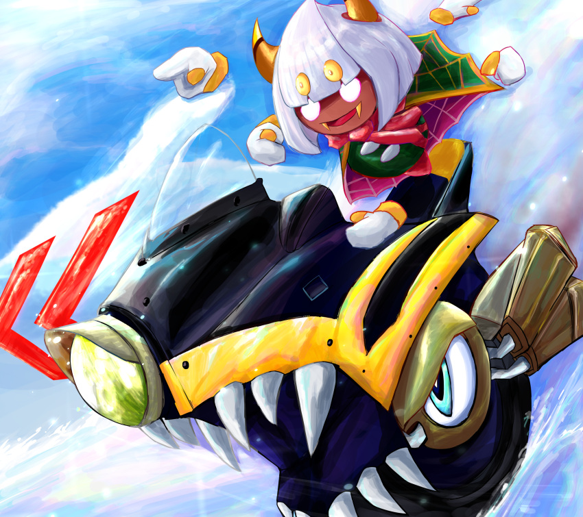 anttitanic, blue_sky, cape, exhaust_pipe, fangs, gloves, green_cape, highres