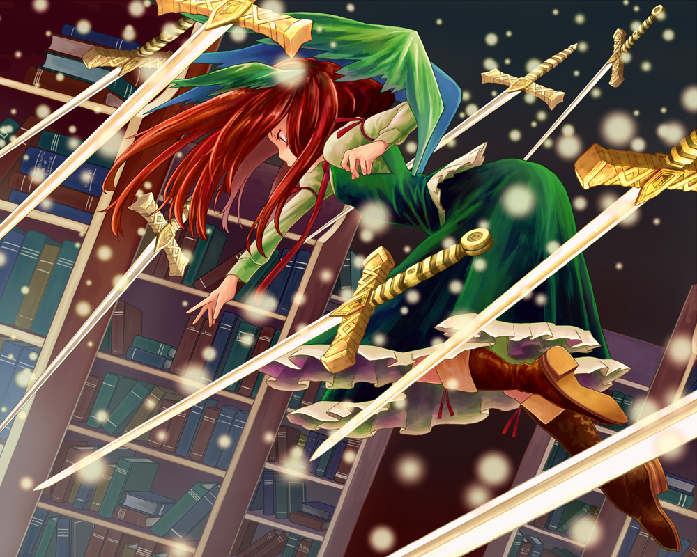 1girl, alternate_color, alternate_costume, alternate_wings, book, bookshelf, boots, danmaku