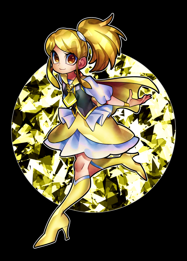 1girl, black_background, blonde_hair, boots, bracelet, cape, closed_mouth, commentary_request