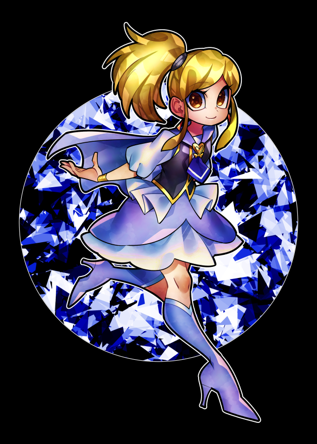 1girl, black_background, blonde_hair, boots, bracelet, cape, closed_mouth, commentary_request