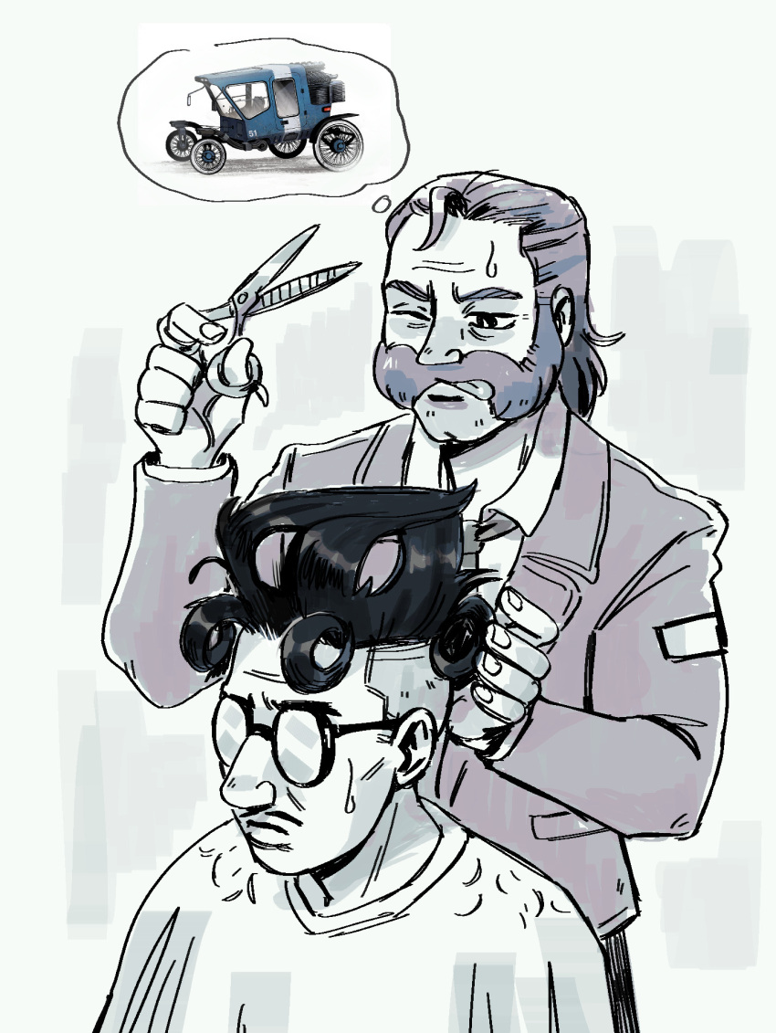 2boys, choso_giving_toudou_a_haircut_(meme), disco_elysium, english_commentary, facial_hair, glasses, harry_du_bois, high_top_fade