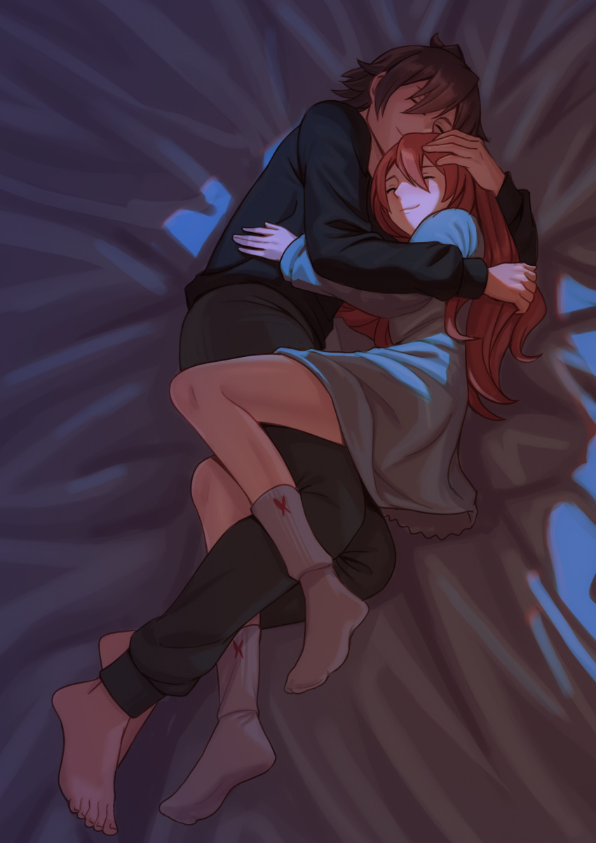 1boy, 1girl, absurdres, akame_ga_kill!, barefoot, brown_hair, chelsea_(akame_ga_kill!), closed_mouth, commentary, commission, couple, english_commentary, grey_pants, hair_between_eyes, hetero, highres, hug, long_sleeves, lying, on_side, pants, pixiv_commission, prolatte, socks, tatsumi_(akame_ga_kill!), white_socks