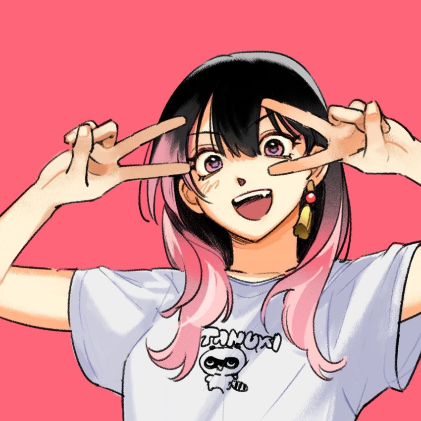 1girl, :d, akane-banashi, black_hair, blush, double_v, earrings, english_commentary