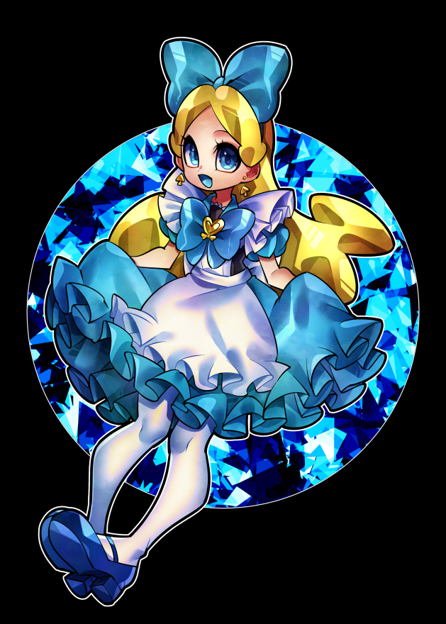 1girl, apron, black_background, blonde_hair, blue_bow, blue_eyes, bow, brooch