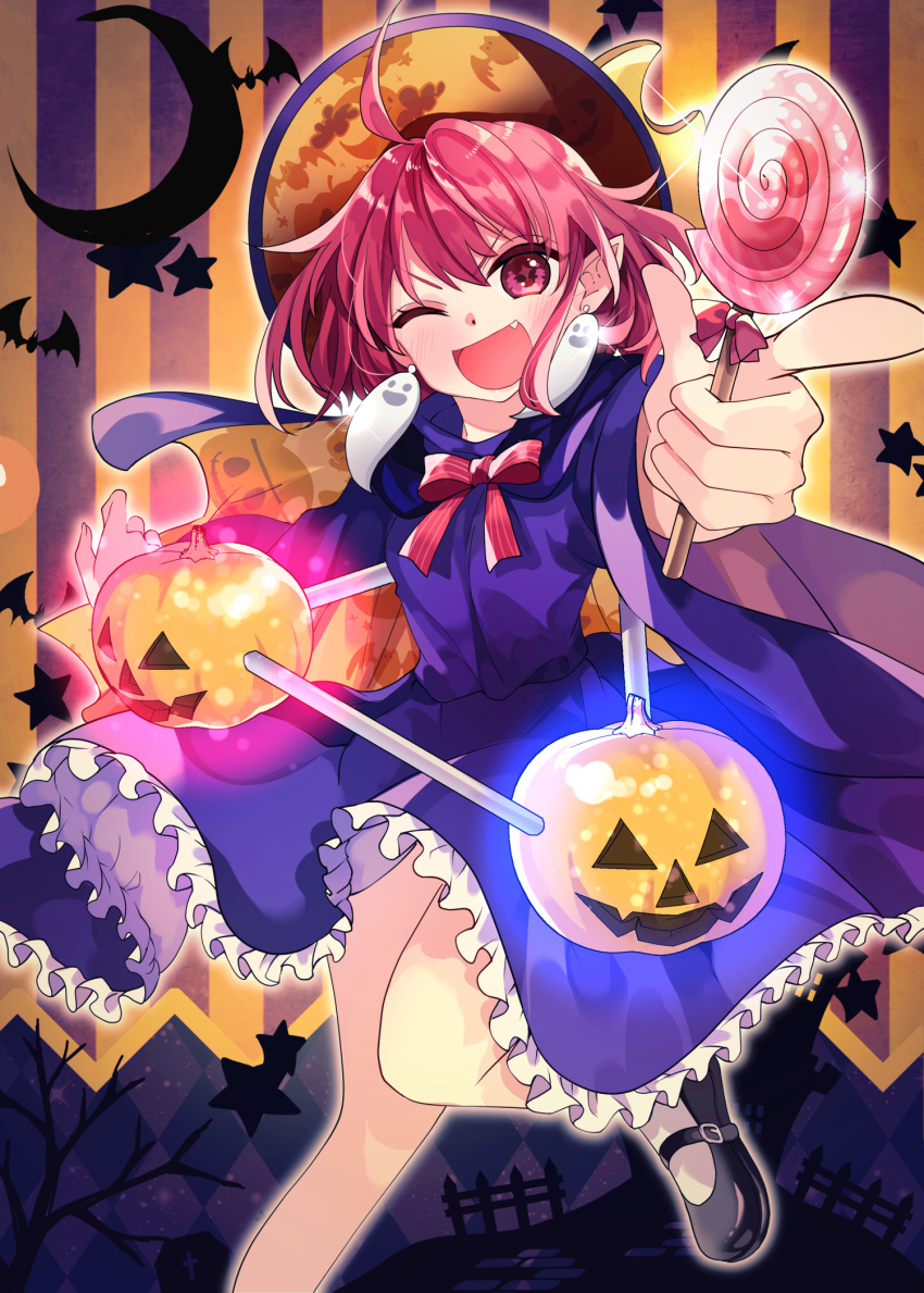 1girl, ;d, ahoge, bat_(animal), black_shoes, blush, bow, bowtie