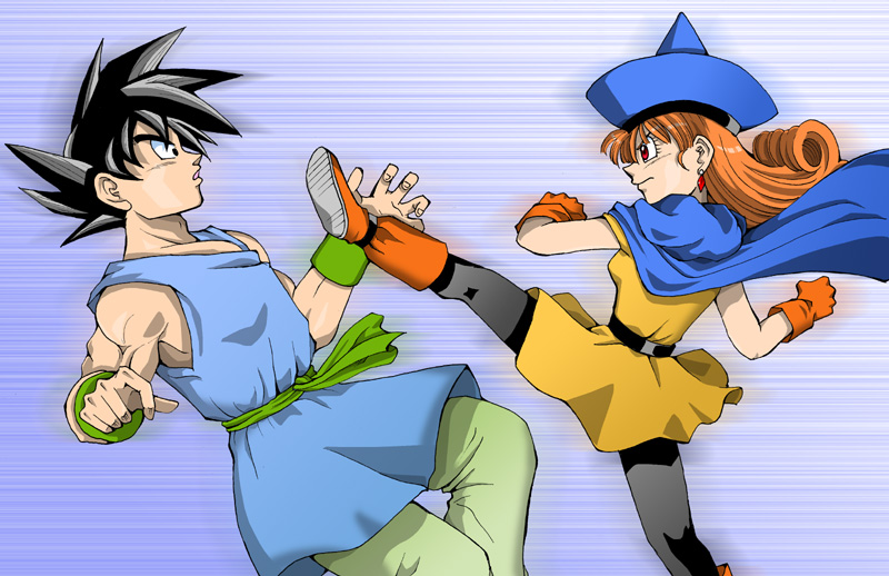 battle, boots, cape, crossover, dragon_ball, dragon_ball_z, dragon_quest, dragon_quest_iv, dragonball, dragonball_z, dress, earrings, gloves, hat, jewelry, kicking, long_hair, muscle, pantyhose, poki_a, red_eyes, red_hair, redhead, son_goku, son_gokuu