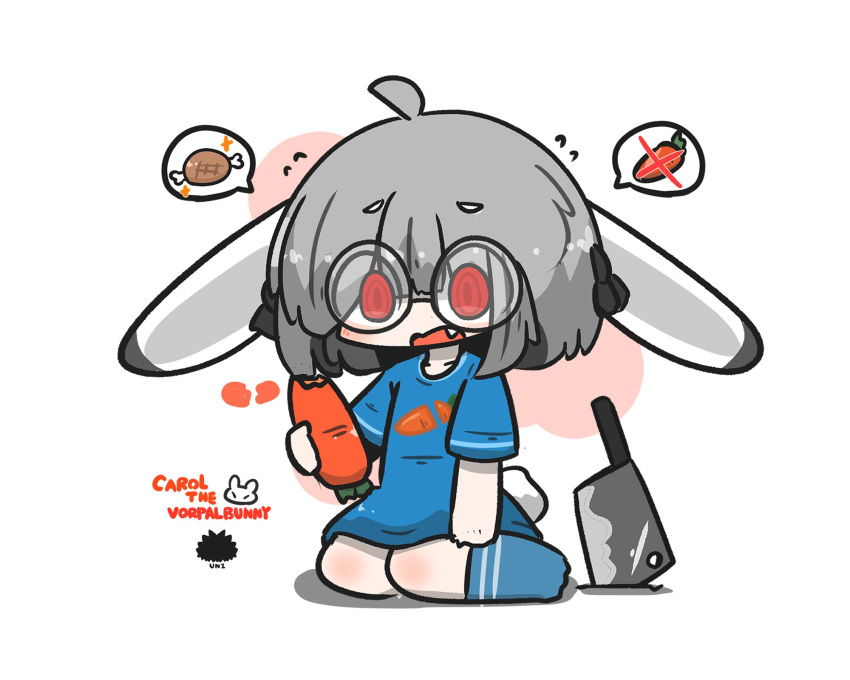 1girl, animal_ears, black-framed_eyewear, blue_shirt, blue_socks, boned_meat, broken_heart, carrot