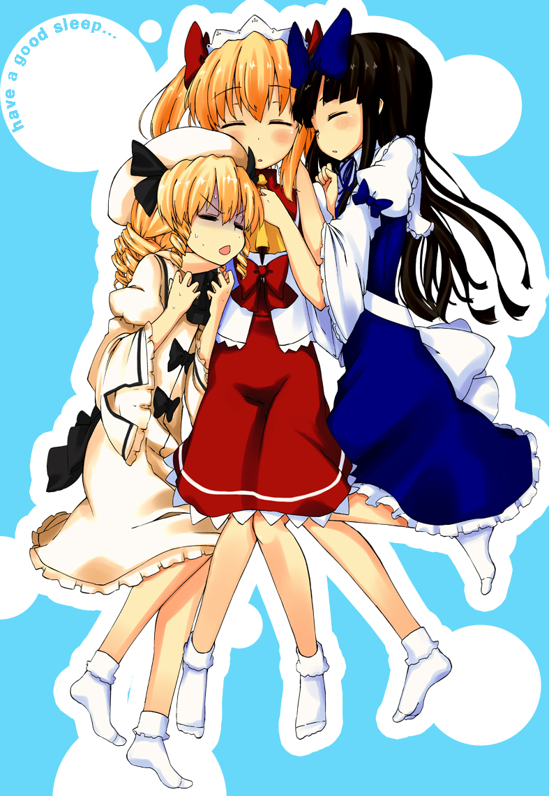=_=, arm_around_neck, asphyxiation, black_hair, blonde_hair, blush, bow, choke_hold, choking, closed_eyes, dress, drill_hair, dx<, english, eyes_closed, fairy, girl_sandwich, group_hug, hair_bow, hat, hug, long_hair, luna_child, multiple_girls, neck_hug, short_hair, sleeping, star_sapphire, strangling, sunny_milk, touhou, uro