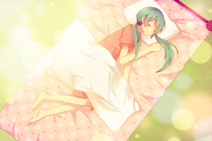 bad_id, blanket, closed_eyes, eyes_closed, green_hair, hatsune_miku, lying, nigoru, pillow, sleeping, solo, twintails, vocaloid