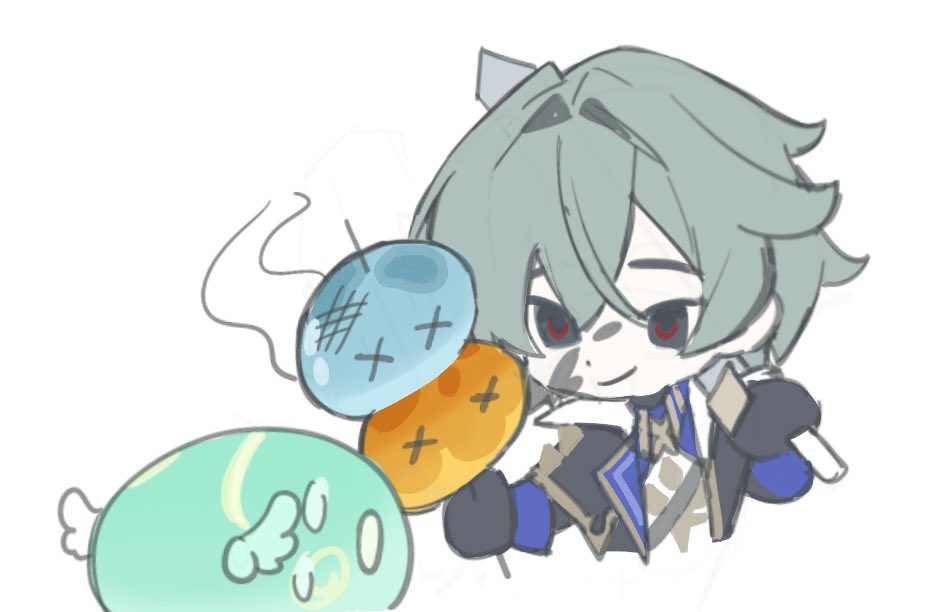 1boy, ahoge, anemo_slime_(genshin_impact), belt, black_belt, black_gloves, blue_shirt, chibi
