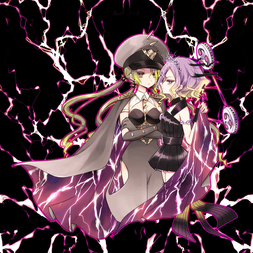absurdres, arrow_earrings, breasts, cape, diamond_choker, engawa_(osstbti), gloves, green_hair, grey_hat, hair_between_eyes, hat, highres, large_breasts, lightning_bolt_print, lightning_bolt_symbol, long_hair, long_hair_between_eyes, magical_girl, mahou_shoujo_ikusei_keikaku, mahou_shoujo_ikusei_keikaku_black, multicolored_eyes, multiple_girls, princess_lightning, purple_cape, red_eyes, sailor_hat, shoulder_spikes, spikes, thunder-general_adelheid, two-sided_cape, two-sided_fabric, two-tone_eyes