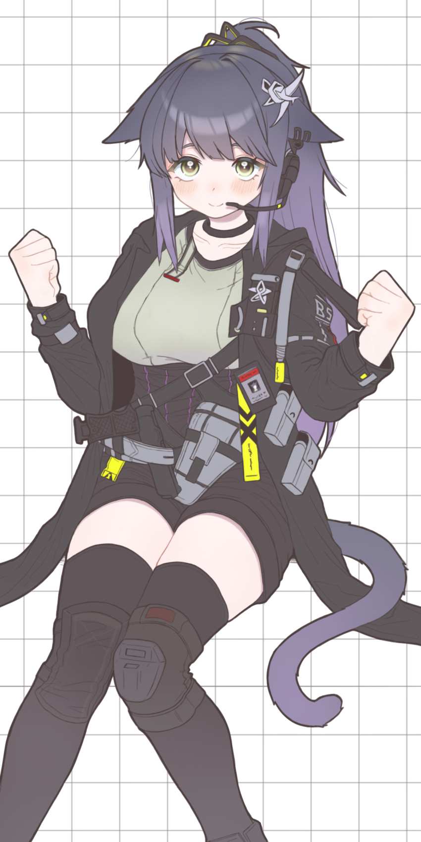 1girl, absurdres, arknights, black_choker, black_jacket, black_shorts, black_thighhighs, blush