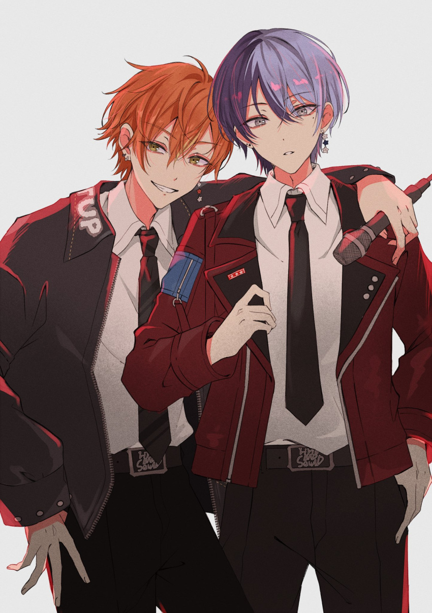 2boys, aoyagi_touya, arm_around_shoulder, awanoo, belt, black_jacket, black_necktie, black_pants