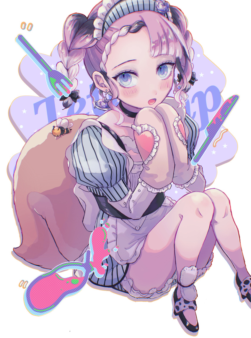 1girl, absurdres, apron, bow, braid, dress, earrings, frilled_apron