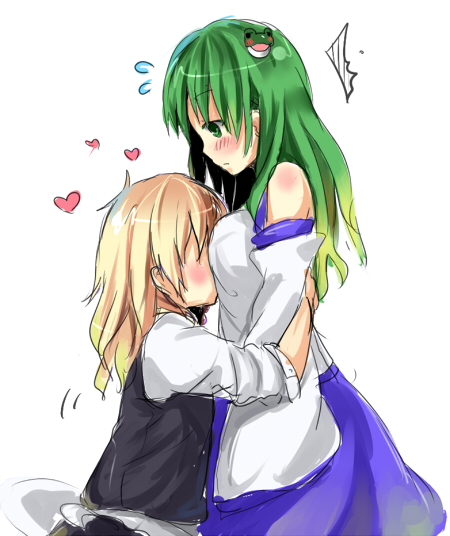 between_breasts, blonde_hair, blush, breast_smother, breasts, detached_sleeves, flying_sweatdrops, frog