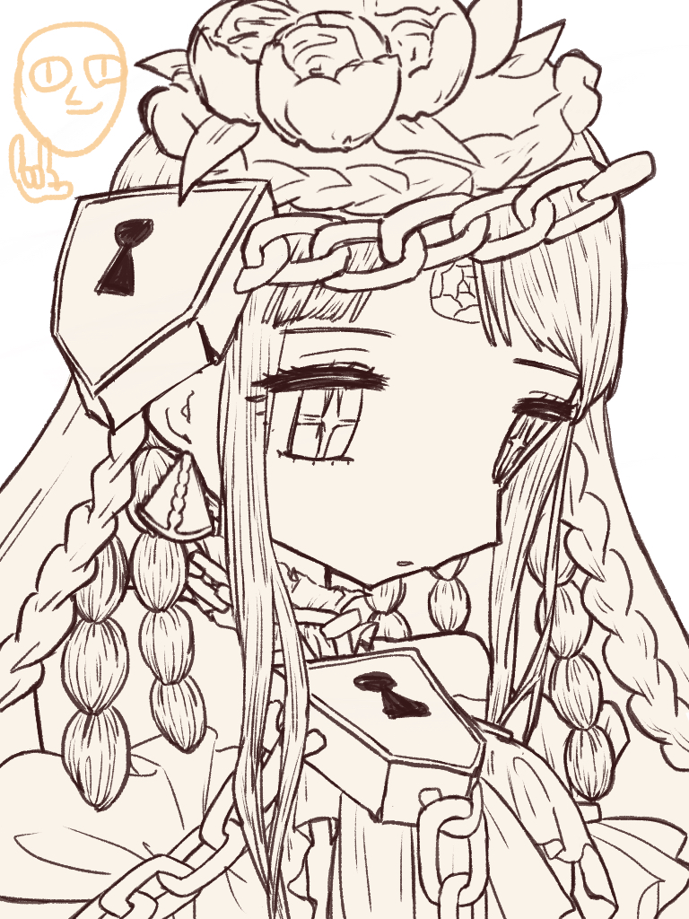 +_+, 1girl, bow, braid, chain, dress, earrings, flower, gloves, jewelry, keyhole, lock, long_hair, mahou_shoujo_ikusei_keikaku, mahou_shoujo_ikusei_keikaku_limited, oftn7, padlock, padlocked_collar, simple_background, solo, upper_body, veil, wedding_dress, wedin