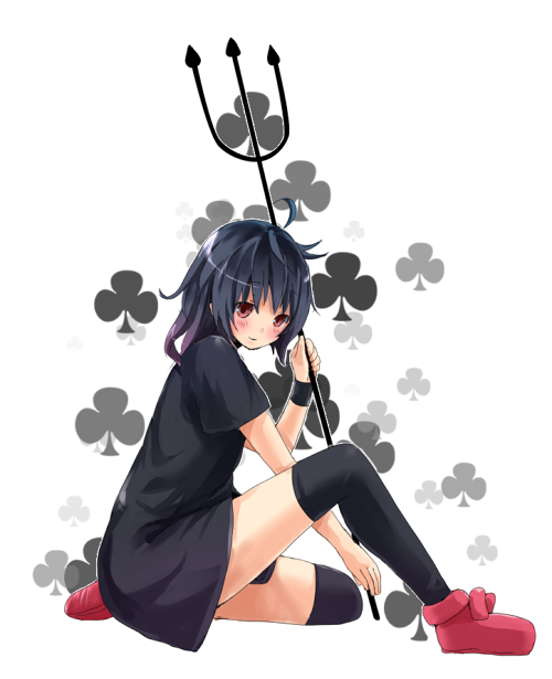 black_hair, black_legwear, dress, houjuu_nue, polearm, red_eyes, sitting, solo
