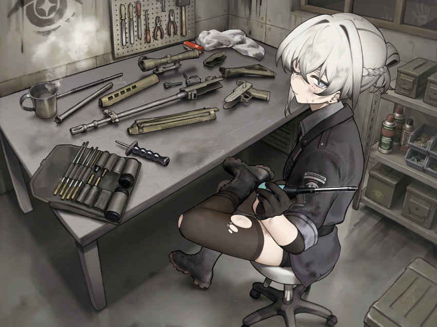 1girl, ammunition, assault_rifle, black_gloves, black_shirt, black_thighhighs, braid, chair