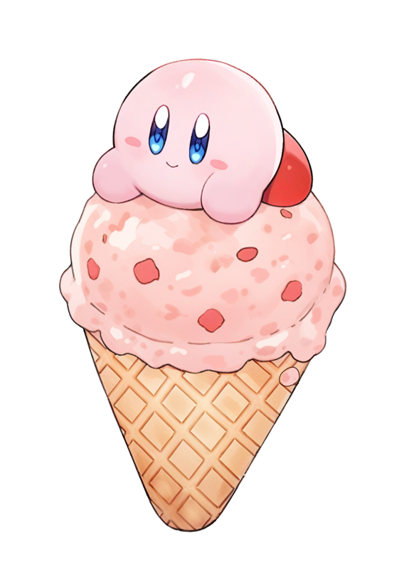 blue_eyes, blush_stickers, closed_mouth, colored_skin, commentary_request, dated_commentary, dreamaya, food, food_focus, fruit, ice_cream, ice_cream_cone, kirby, kirby_(series), looking_ahead, lying, on_food, on_stomach, pink_skin, red_shoes, shoes, simple_background, smile, solo, strawberry, white_background