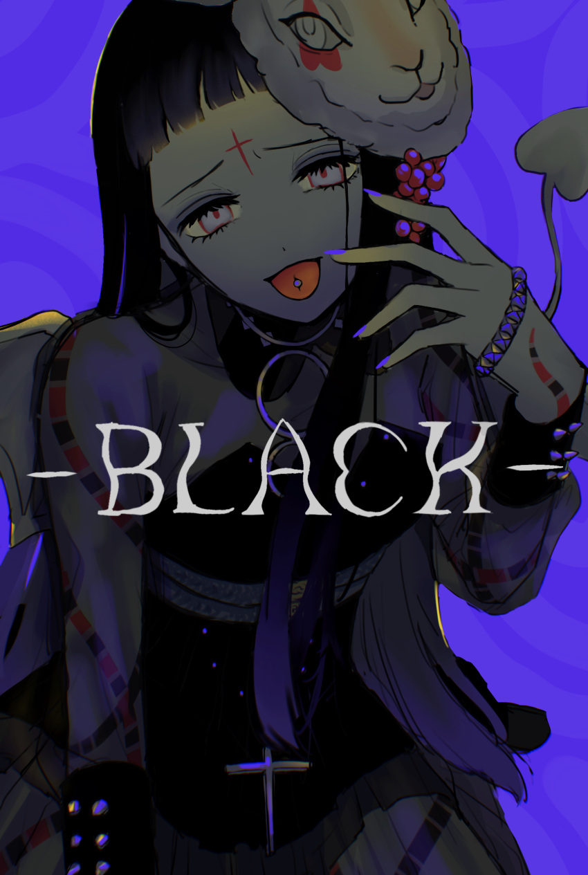 1girl, absurdres, black_hair, blunt_bangs, bodystocking, bodysuit, cross, demon_girl, demon_tail, demon_wings, facial_tattoo, highres, long_hair, looking_at_viewer, magical_girl, mahou_shoujo_ikusei_keikaku, mahou_shoujo_ikusei_keikaku_black, mask, mask_on_head, mephis_pheles, piercing, raised_inner_eyebrows, red_tattoo, see-through_clothes, snake_tattoo, solo, squinting, sushi_painapoon, tail, tattoo, tongue, tongue_out, tongue_piercing, wings