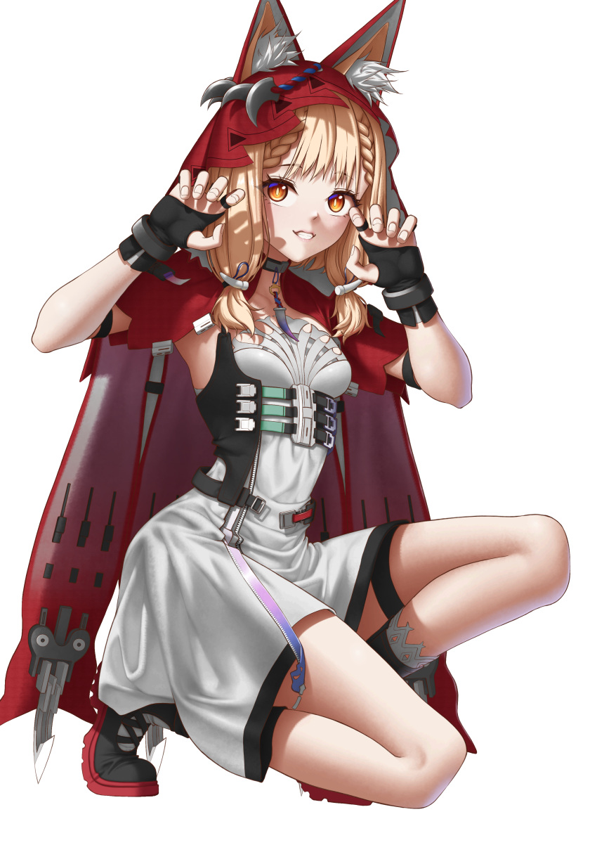 1girl, 395z, absurdres, animal_ears, arknights, arknights:_endfield, black_gloves, blonde_hair, braid, claw_pose, commentary, dated_commentary, dress, ears_through_headwear, fingerless_gloves, gloves, highres, hood, hood_up, looking_at_viewer, missing_tail, on_one_knee, orange_eyes, rossi_(arknights), simple_background, smile, solo, twintails, white_background, wolf_ears, wolf_girl