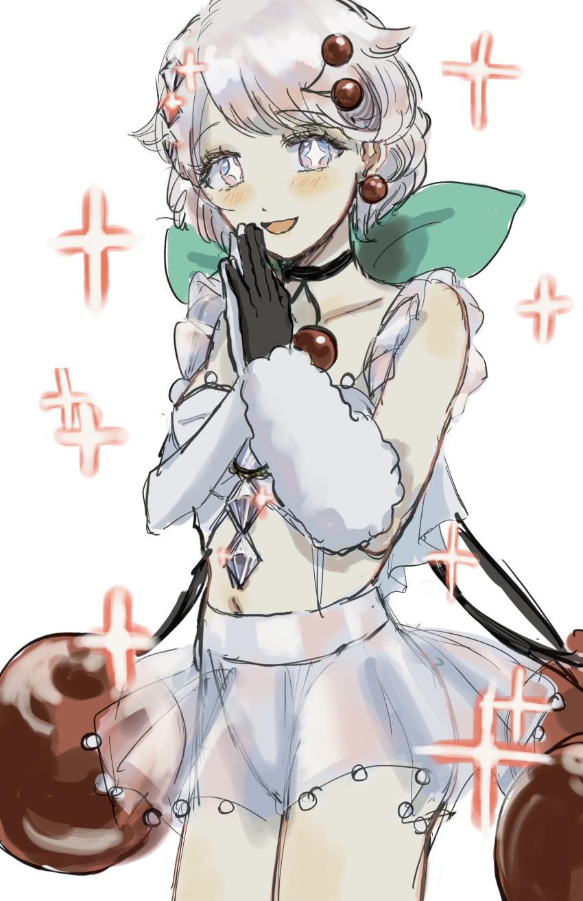 +_+, 1girl, absurdres, aqua_skirt, arm_warmers, cherry, cherry_hair_ornament, cowboy_shot