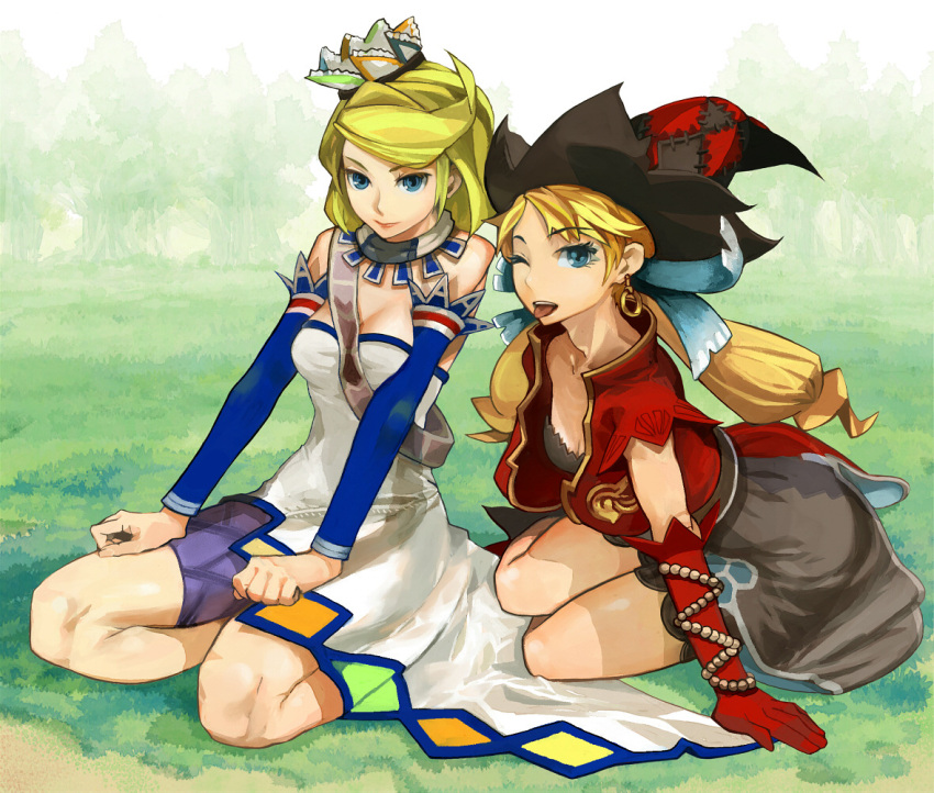 2girls, bad_id, blonde_hair, blue_eyes, detached_sleeves, diana, elbow_gloves, fantasy