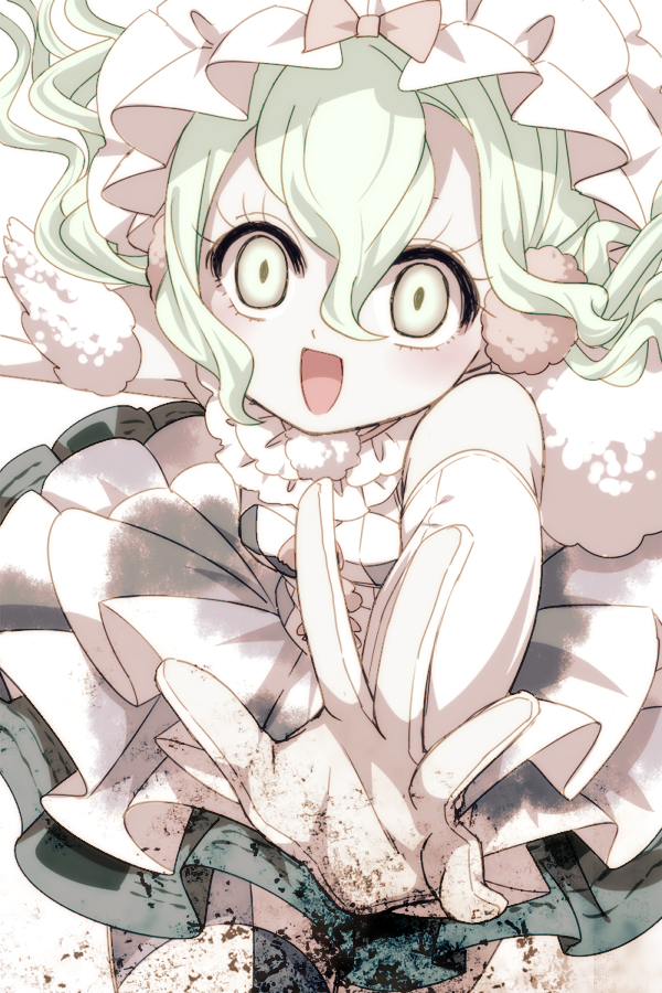 1girl, :d, akasata, bare_shoulders, blonde_hair, dress, elbow_gloves, frilled_dress