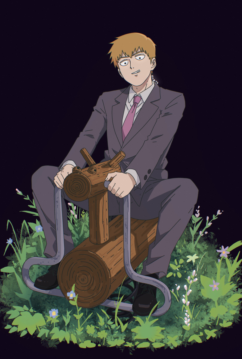 1boy, absurdres, artist_name, black_background, black_eyes, black_jacket, black_pants, black_shoes, black_suit, blonde_hair, collared_shirt, commentary, english_commentary, flower, full_body, grass, grin, highres, holding_handlebar, hxwz1999, jacket, lapels, log, looking_down, male_focus, mob_psycho_100, necktie, notched_lapels, outstretched_arms, pants, pink_necktie, purple_flower, reigen_arataka, riding, shirt, shoelaces, shoes, sitting, sitting_on_log, smile, solo, spread_legs, spring_rider, suit, suit_jacket, suit_pants, white_flower, white_shirt