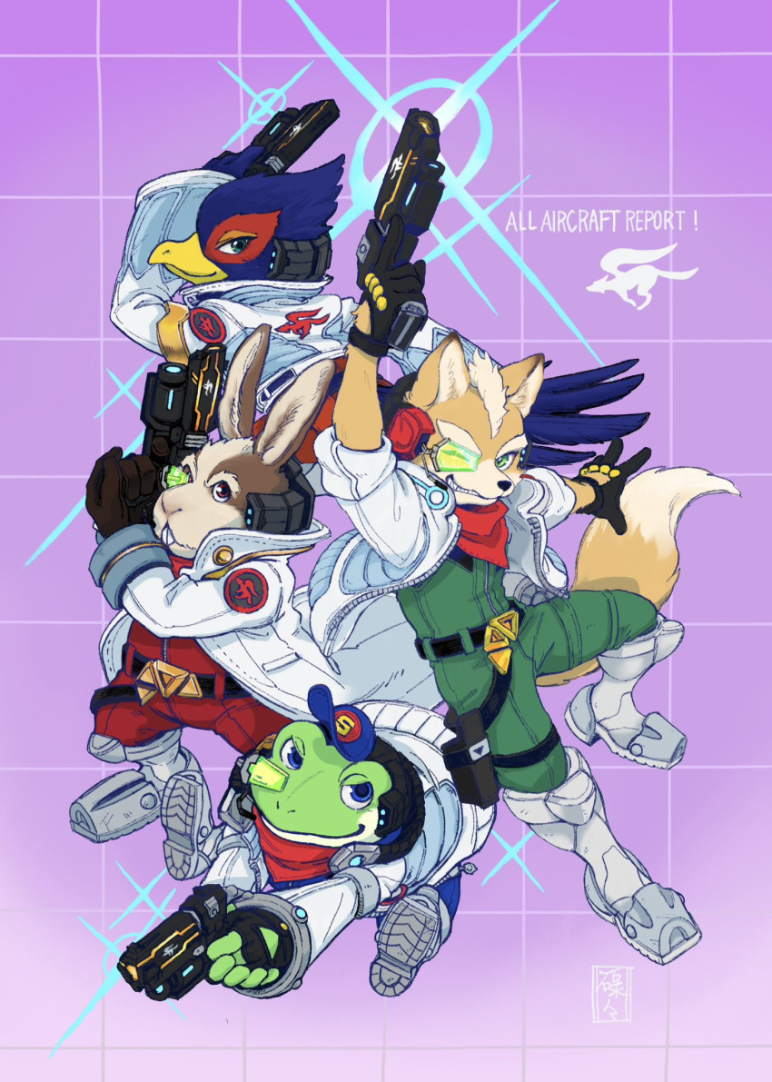 4boys, animal_ears, beak, bird_boy, black_gloves, blue_feathers, brown_fur, brown_gloves