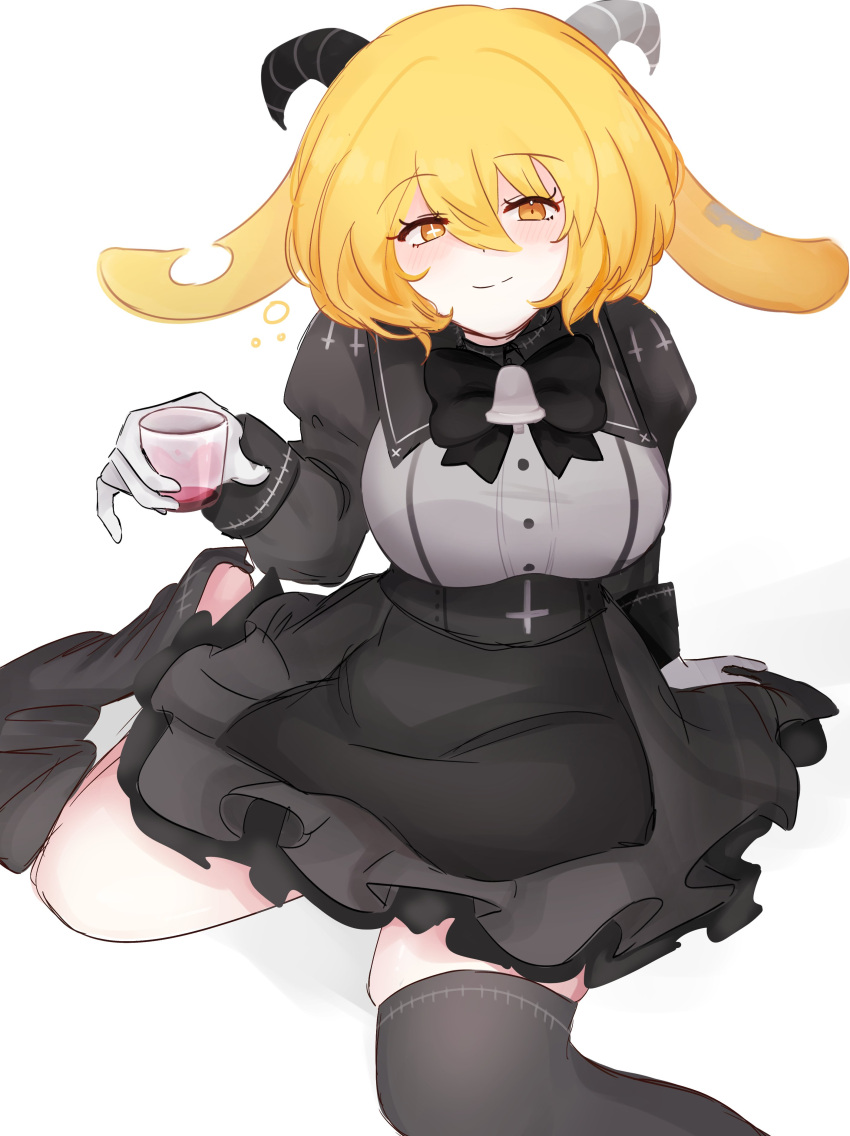 1girl, absurdres, animal_ears, asymmetrical_horns, backward-facing_horns, bell, bell_bow, black_dress