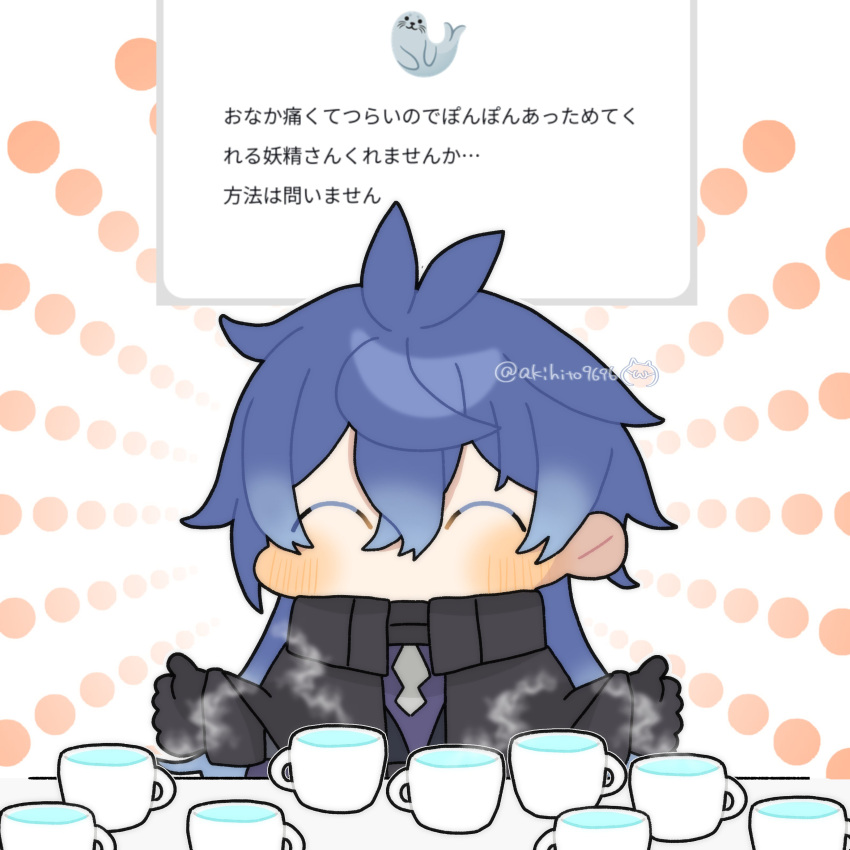 1boy, ^_^, absurdres, antenna_hair, black_capelet, black_gloves, blue_hair, blush
