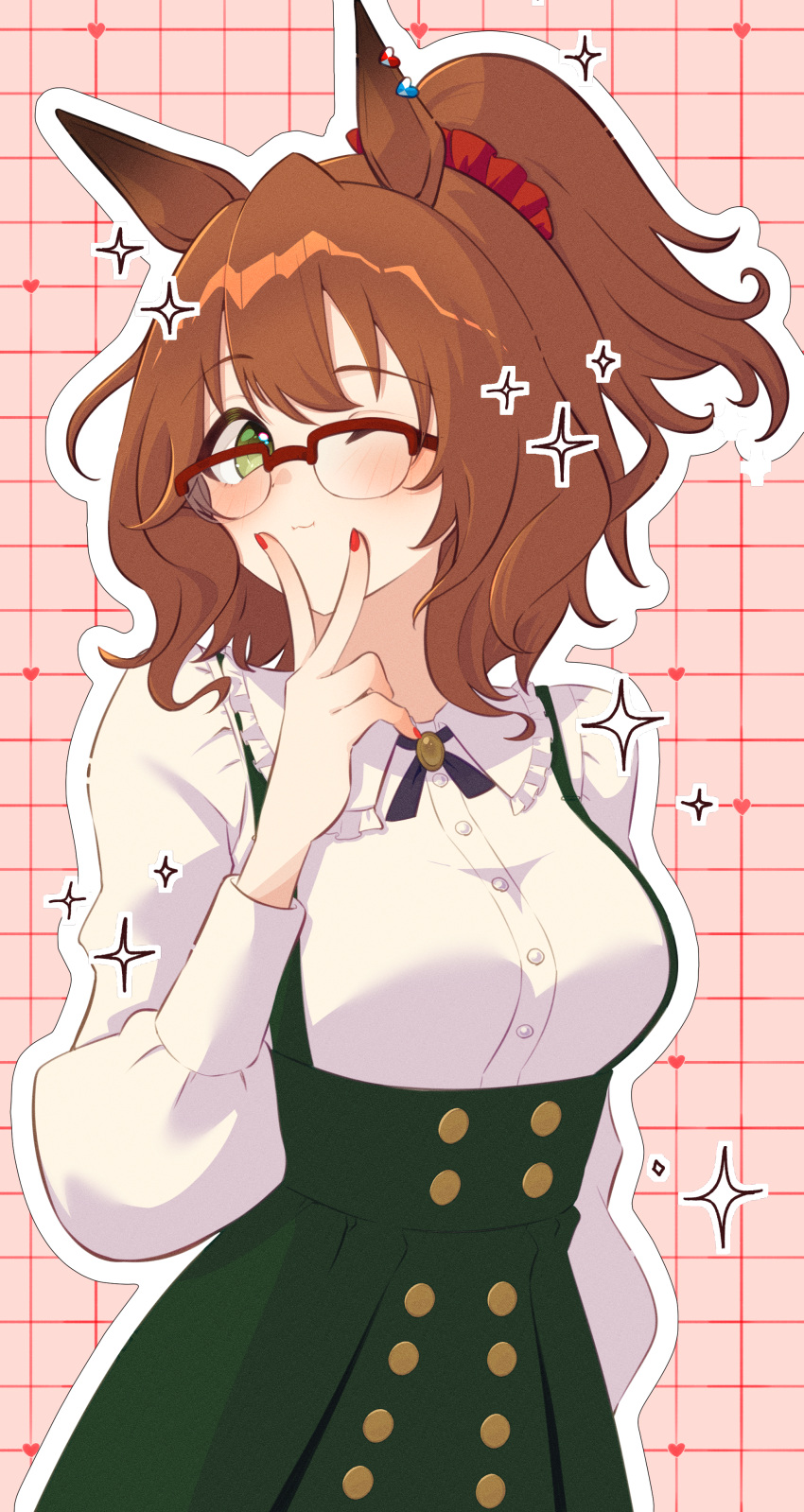 1girl, absurdres, animal_ears, aston_machan_(casual)_(umamusume), aston_machan_(umamusume), blush, breasts, brown_hair, casual, closed_mouth, glasses, green_eyes, green_skirt, hair_ornament, hair_scrunchie, highres, horse_ears, horse_girl, long_sleeves, looking_at_viewer, medium_breasts, medium_hair, one_eye_closed, one_side_up, over-rim_eyewear, red-framed_eyewear, red_nails, red_scrunchie, ren-smk39110, scrunchie, semi-rimless_eyewear, shirt, skirt, solo, suspender_skirt, suspenders, umamusume, v, white_shirt