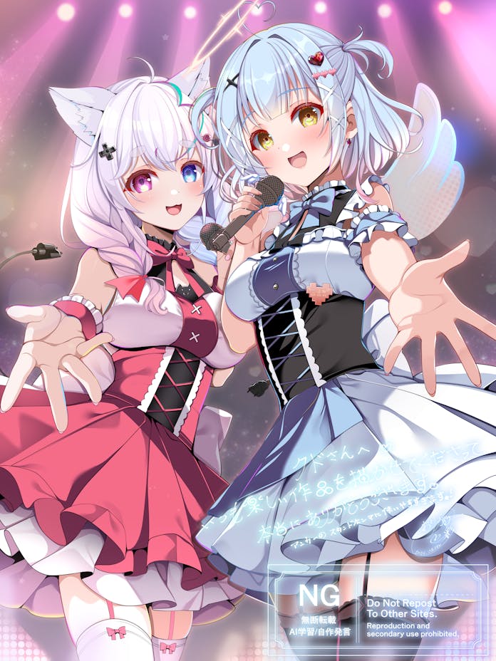 2girls, amasora_kohane, black_thighhighs, blush, braid, cat_girl, dress, frilled_dress
